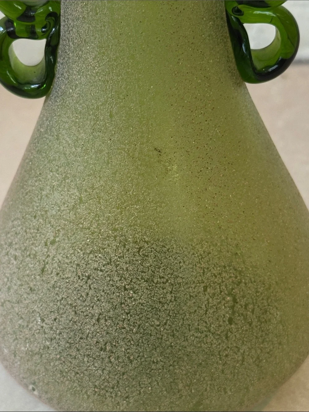 Green Art Glass Textured w/ Applied Handles Vase 5.75